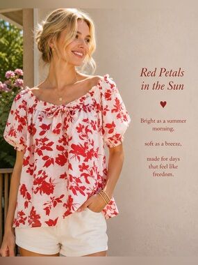 Linen&Cotton Red Floral Tie-Neck Blouse